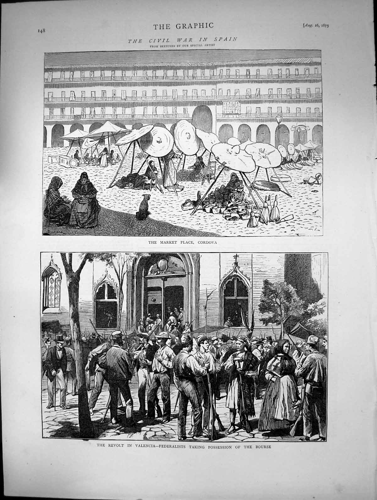 Old 1873 Civil War Spain Market Place Cordova Revolt Valencia Federal Victorian