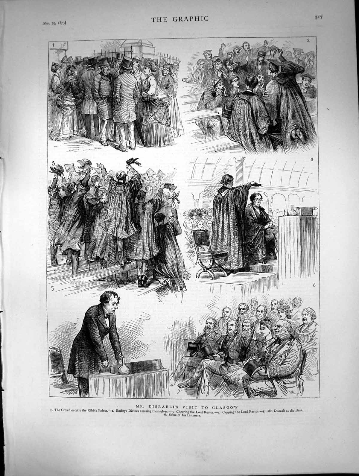 Old Print 1873 Mr Disraeli Visit Glasgow Kibble Place Embryo Lord Rector 19th