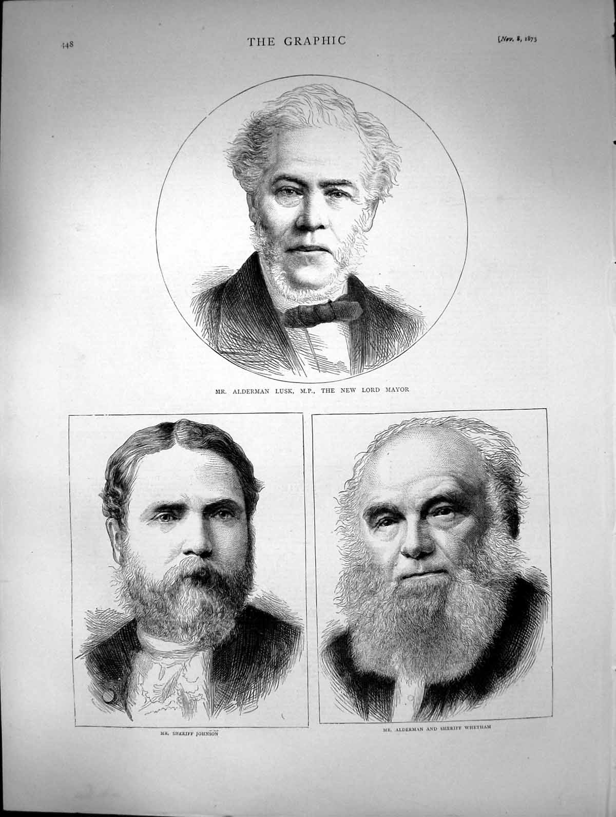 Original Old Antique Print 1873 Alderman Lusk Sheriff Johnson Whetham Portrait