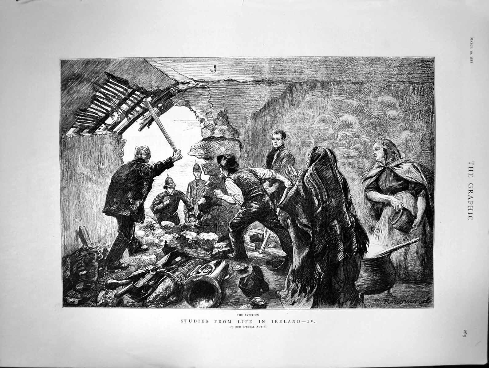 Old Antique Print 1888 Life Studies Ireland Police Eviction Family Home 19th