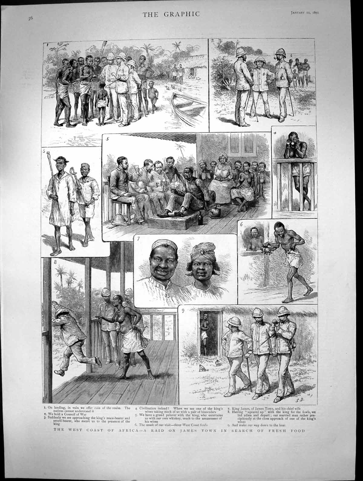 Original Old Antique Print 1891 Africa Raid James Town King James Council War