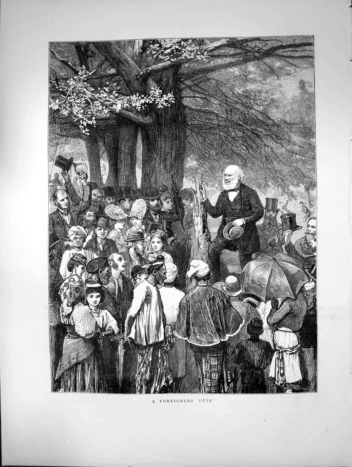 Original Old Antique Print 1872 Foreigners Fete Prisoner Park Scene Victorian