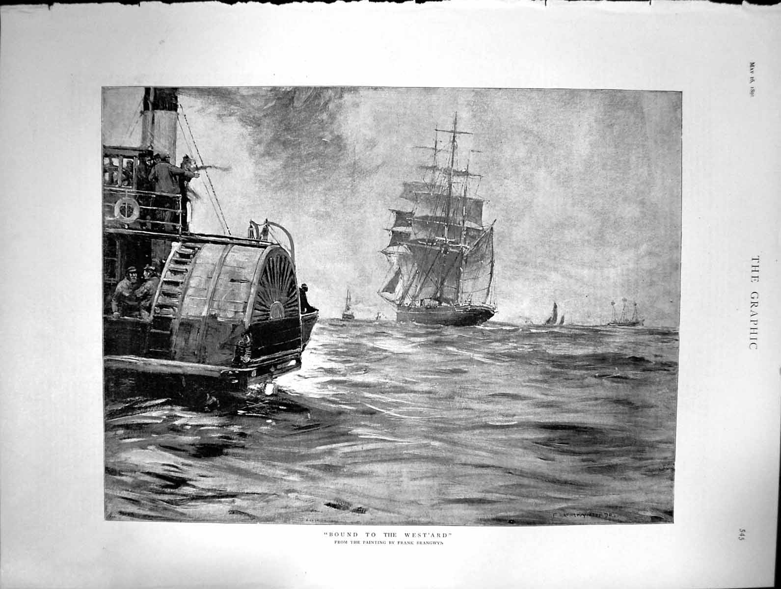 Antique Old Print 1891 Bound West'Ard Steam Boat Sailing Ship Frank Brangwyn