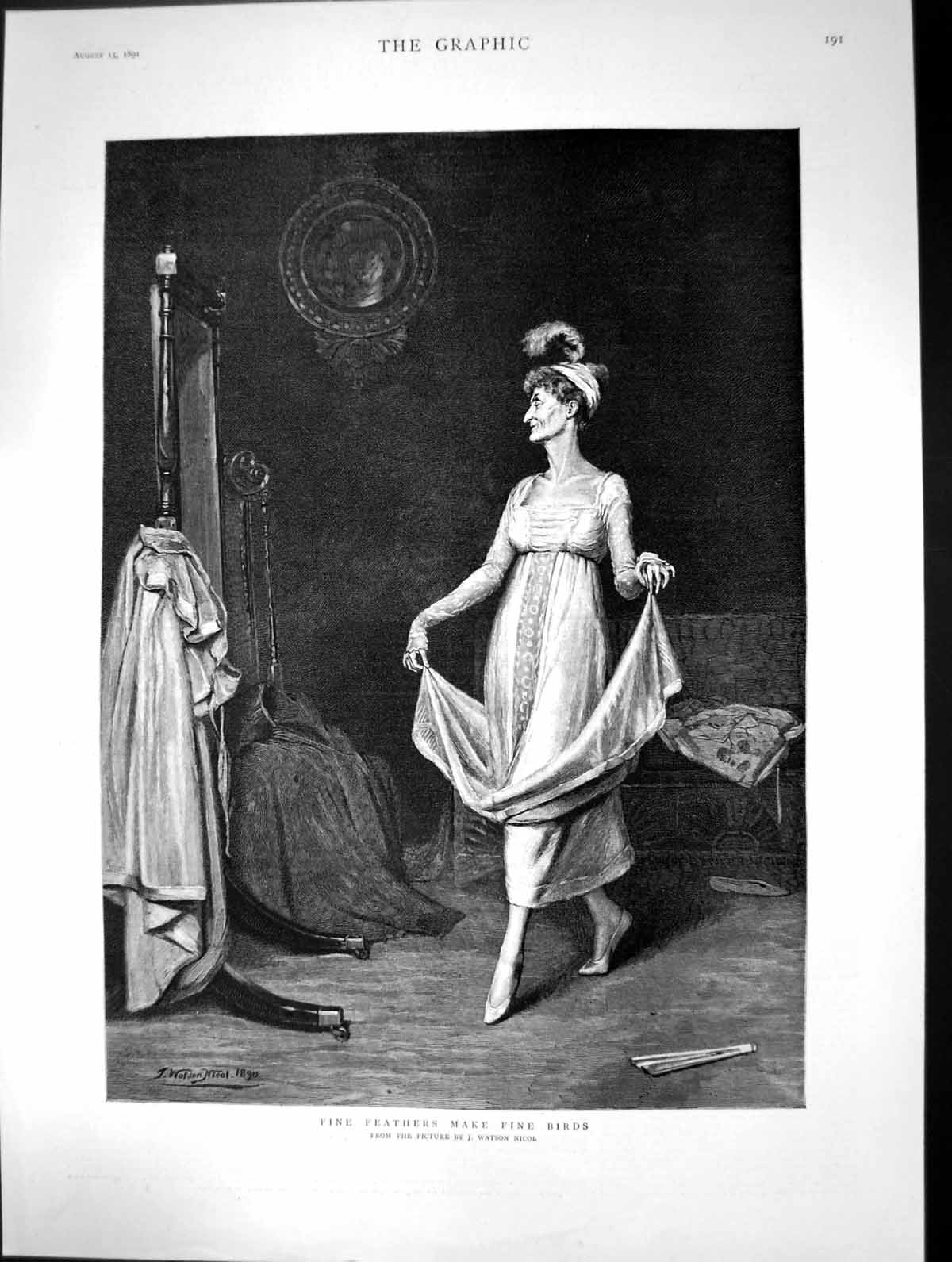Antique Print 1891 Fine Feathers Make Birds Woman Hat Dressing Room Mirror 19th