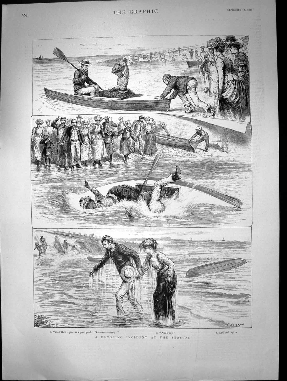 Old Canoeing Incident Seaside Man Lady Overturned Canoe Beach Scene