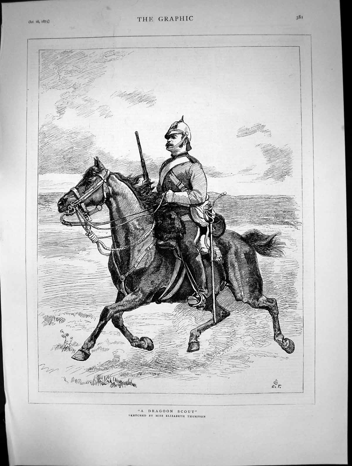 Original Old Antique Print 1875 Dragoon Scout War Sier Horse Elizabeth Thompson