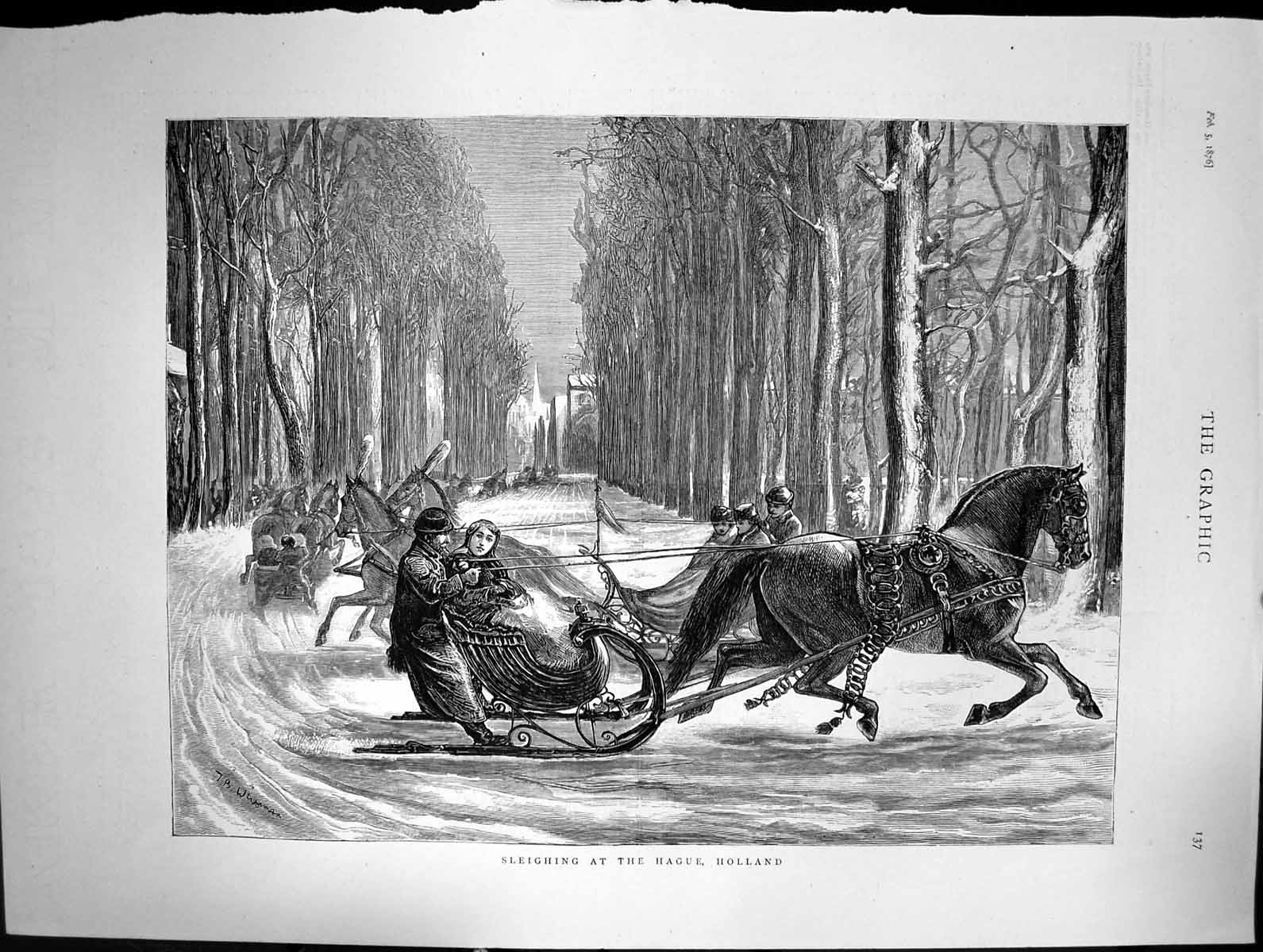 Original Old Antique Print 1876 Sleighing Hague Holland Winter Transport 19th