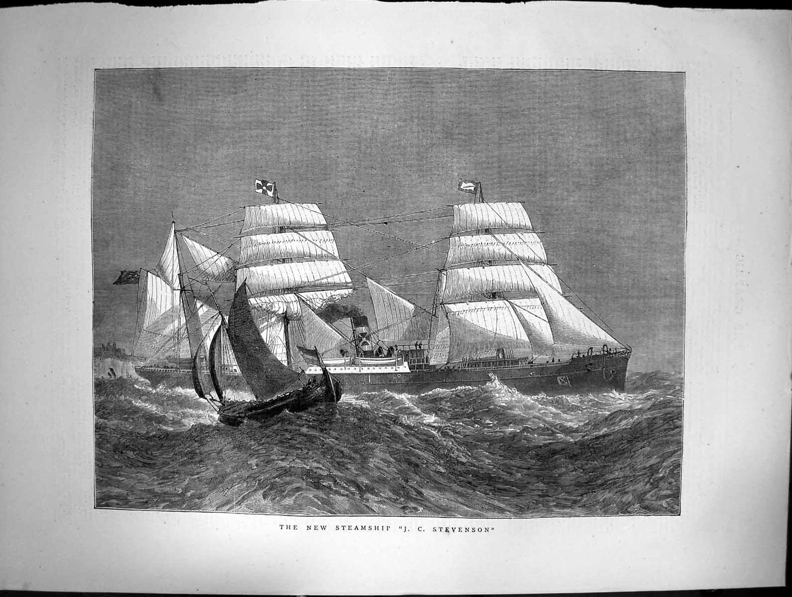 Original Old Antique Print 1871 Steam Ship Stevenson Sea Scene 19th