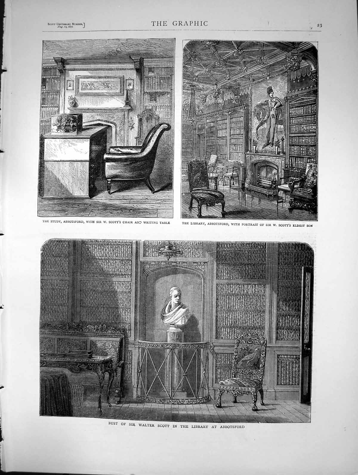 Old 1871 Bust Sir Walter Scott Library Abbotsford Chair Writing Table Victorian