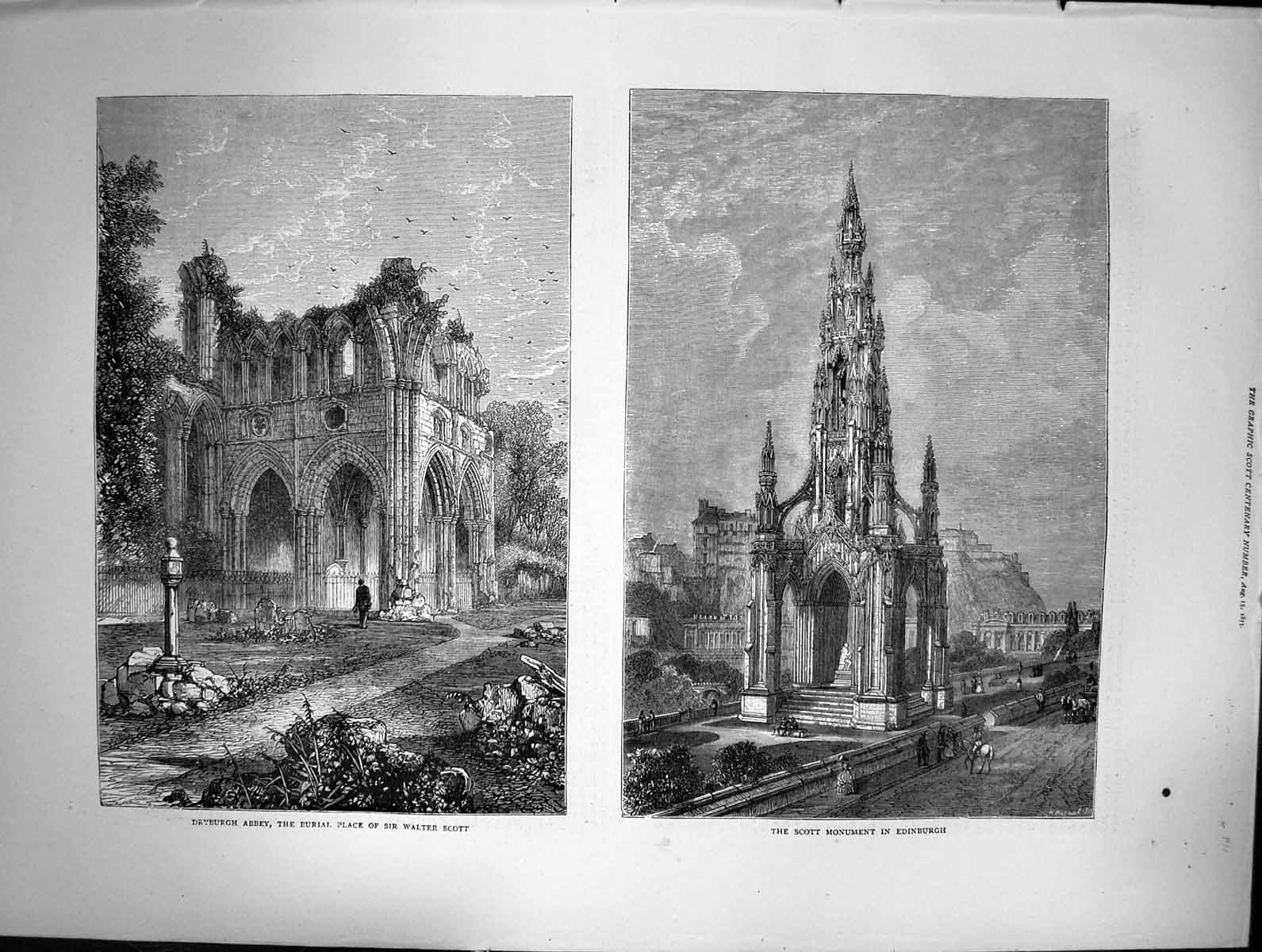 Old 1871 Dryburgh Abbey Burial Palace Walter Scott Monument Edinburgh Victorian