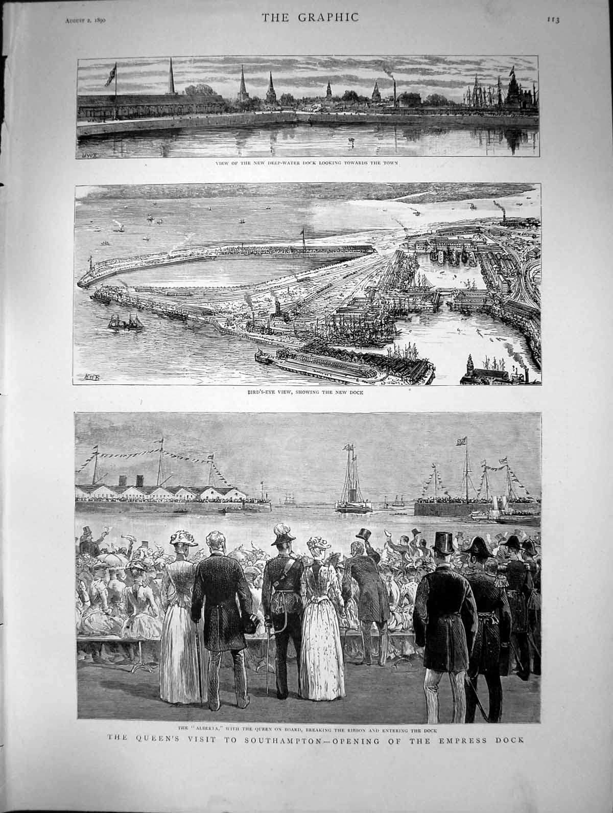 Old 1890 Bird'S-Eye-View Empress Dock Southampton Queen Alberta Ship Victorian