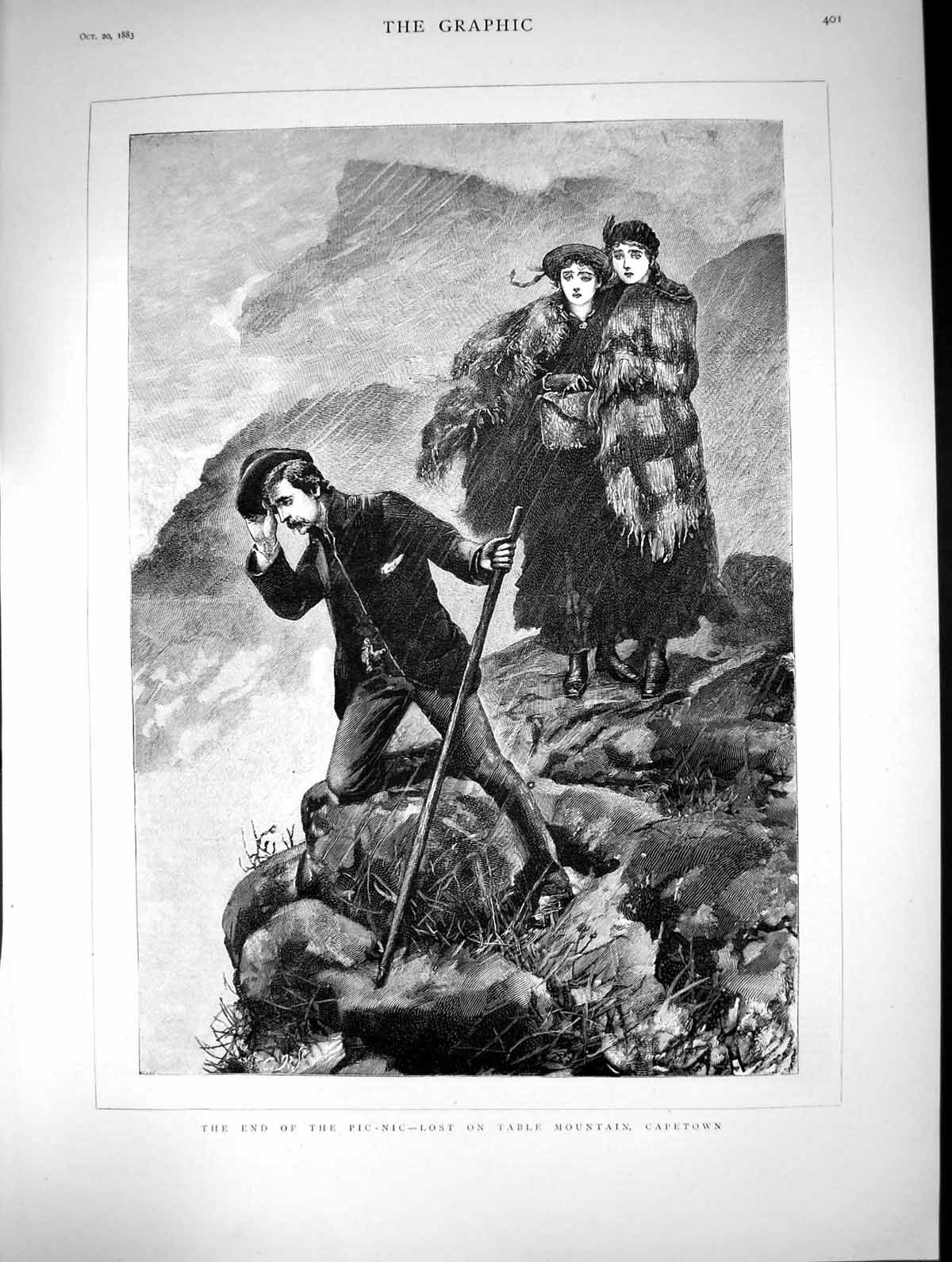 Antique Print 1883 Man Ladies Lost Table Mountain Capetown Africa Fine Art 19th