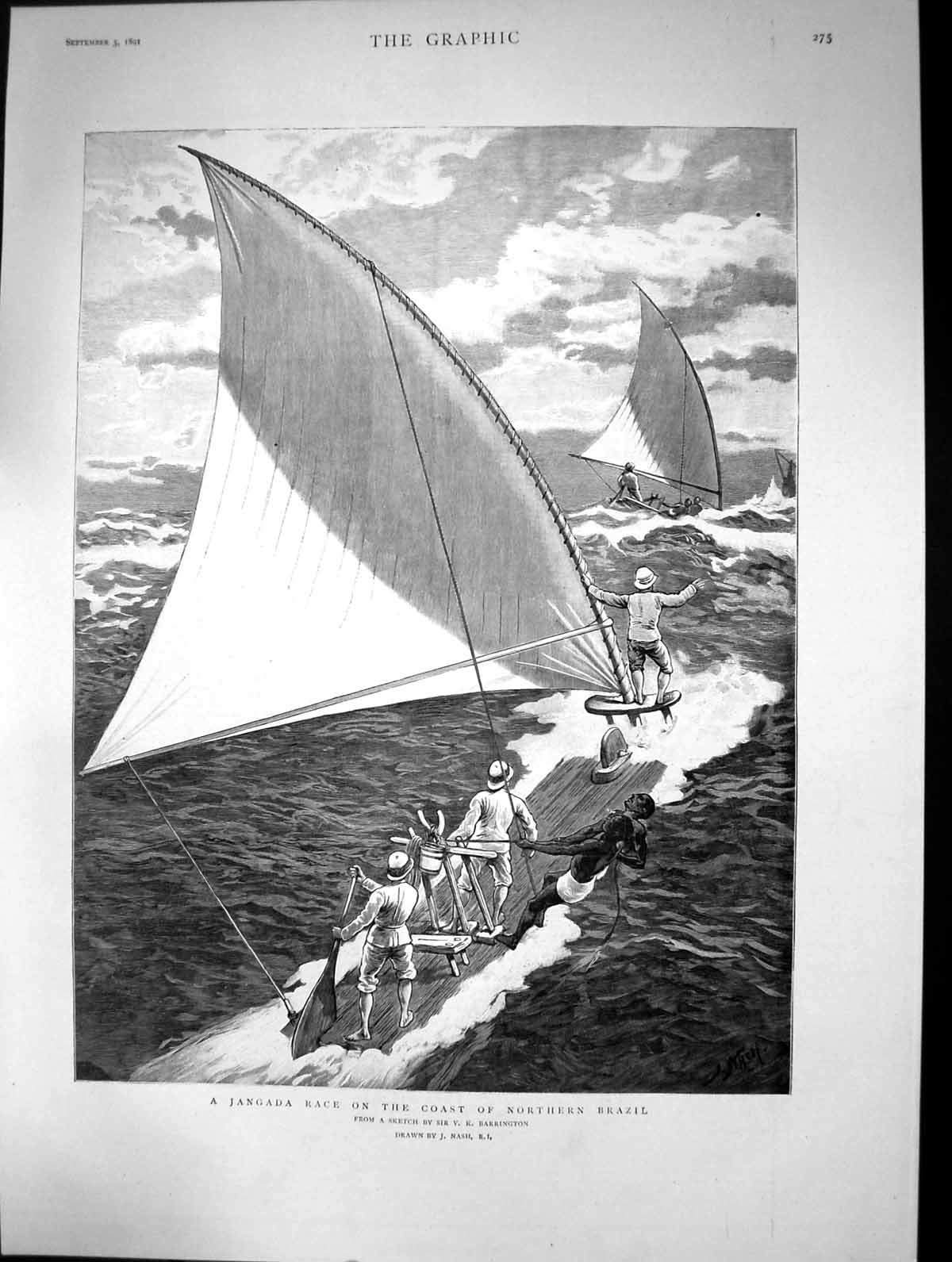 Antique Print 1891 Jangada Race Coast Northern Brazil Boats Barrington Nash