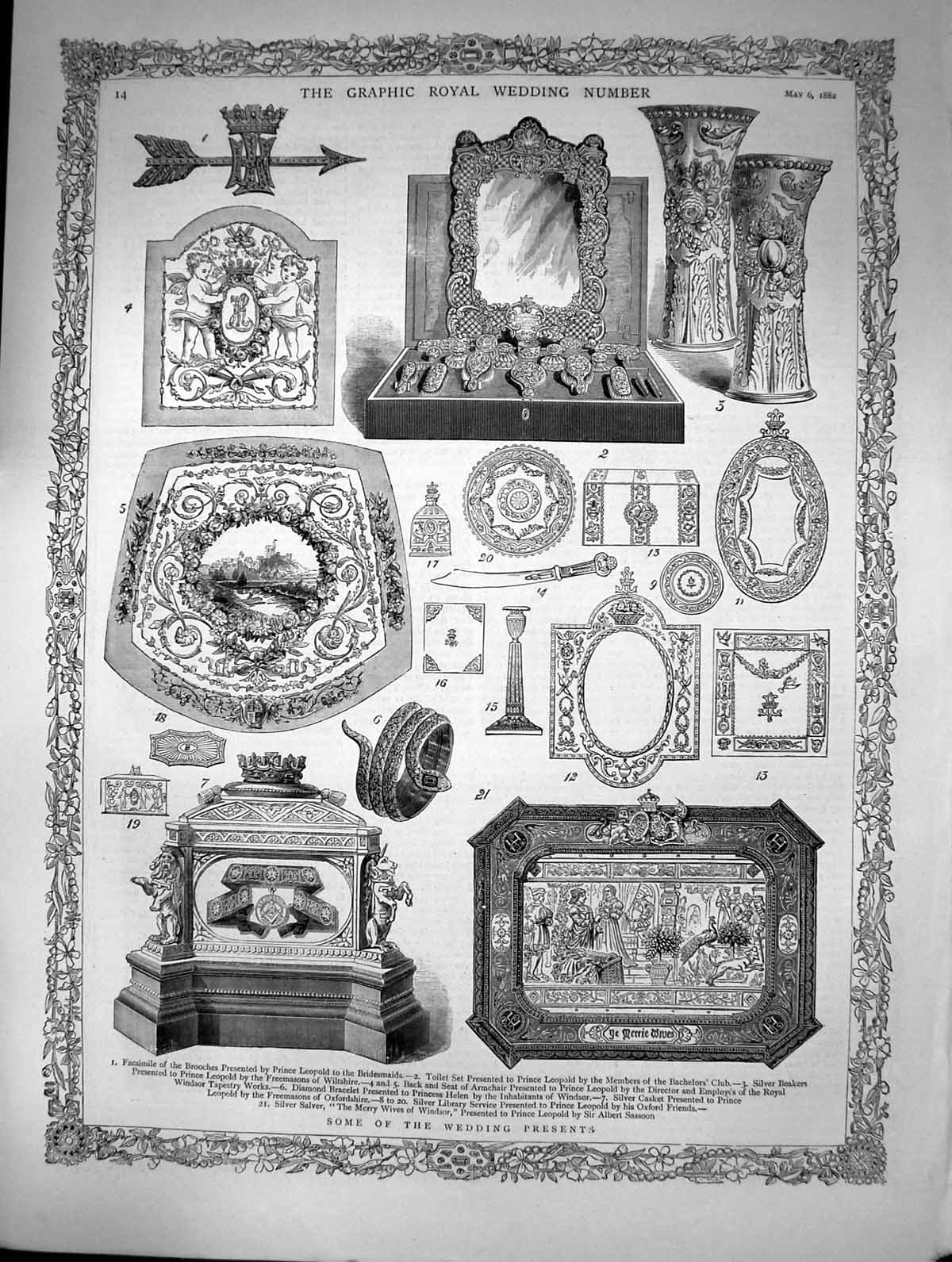 Original Old Antique Print 1882 Royal Wedding Presents Brooches Prince Leop 19th