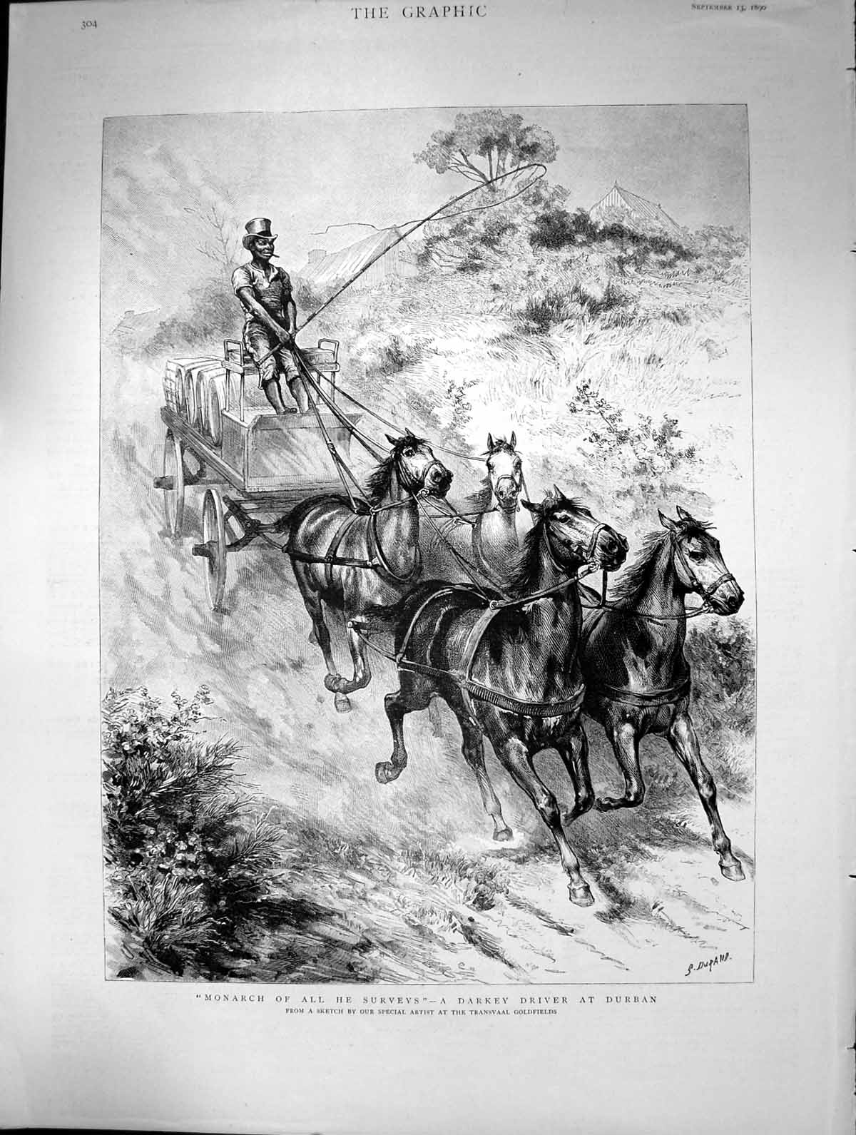 Old Antique Print 1890 Native Driver Durban Horses Cart Transvaal Gfields 19th