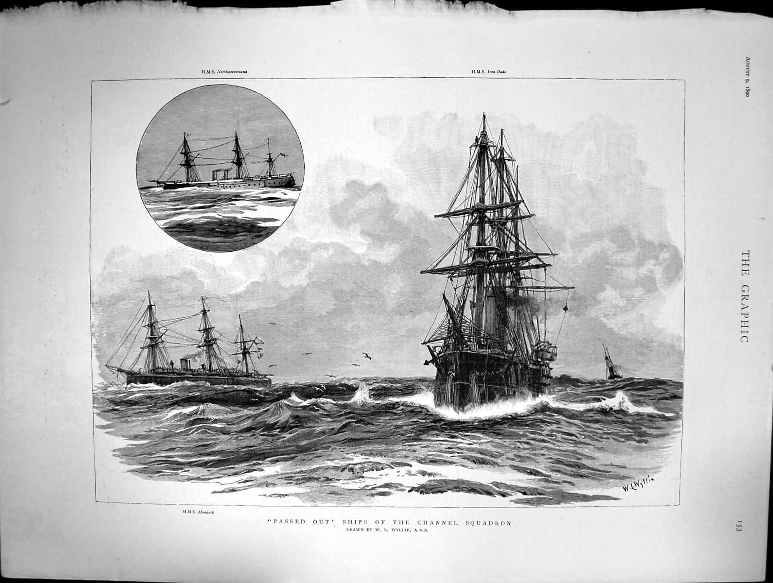 Old 1890 Ships Channel Squadron H.M.S. Monarch Northumberland Wyllie Victorian