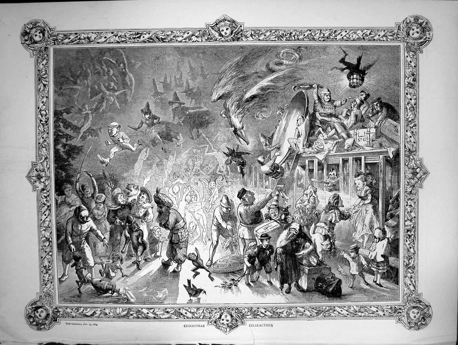Original Old Antique Print 1869 Christmas Characters Nursery 19th