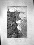 Original Old Antique Print Sydney Heads Cliffs Lighthouse Ships Stormy Sea