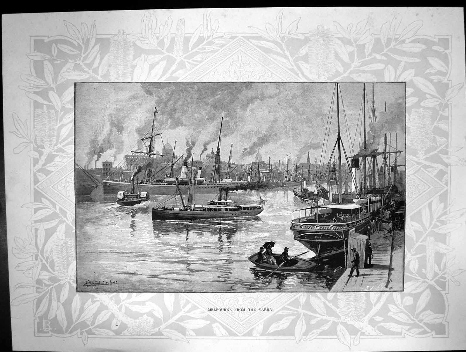 Original Old Antique Print View Melbourne Yarra Ships Steam Boats