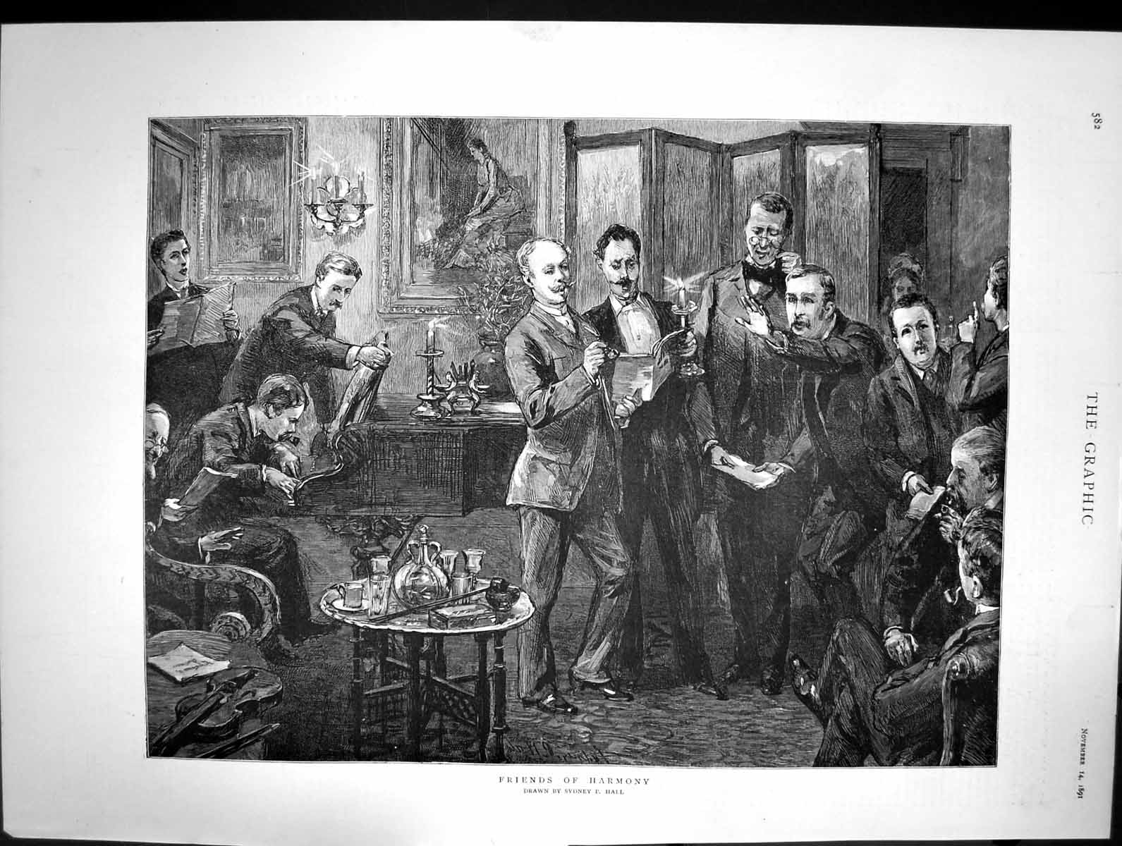 Original Old Antique Print 1891 Friends Harmony Music Singing Men Sydney Hall