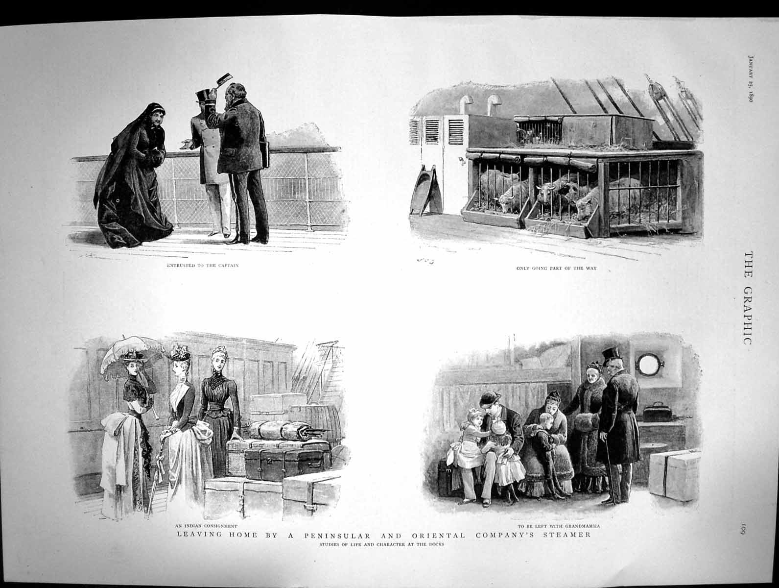 Old Print 1890 Peninsular Oriental Company Steamer Passenger Ship Animals 19th