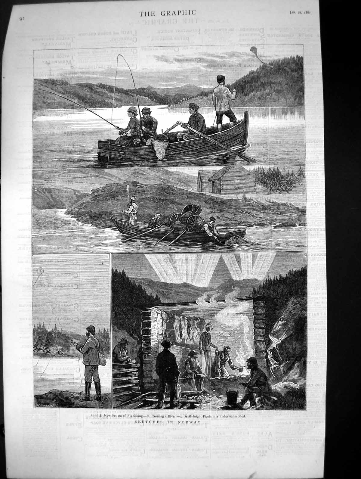 Antique Print 1881 Norway Boats Fly Fishing River Fishermens Shed Fine Art 19th