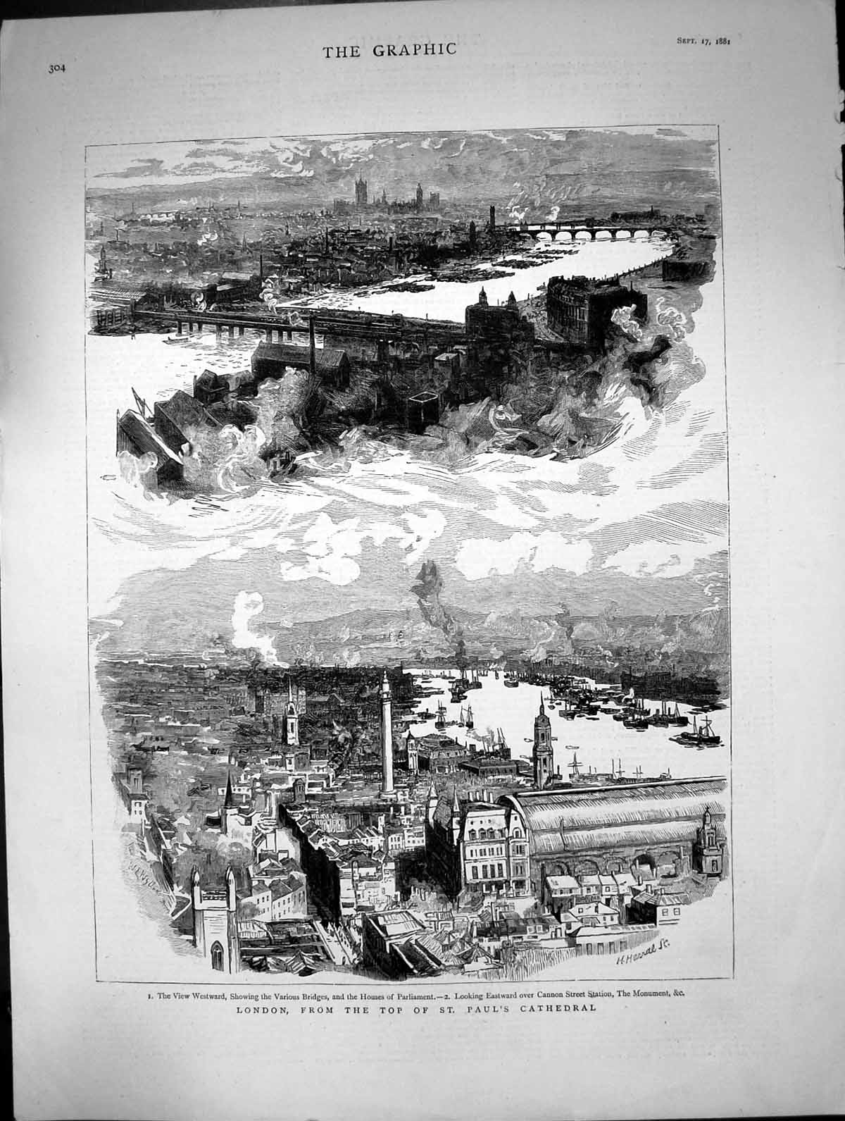 Old 1881 London St. Paul'S Cathedral Houses Parliament Cannon Street Victorian