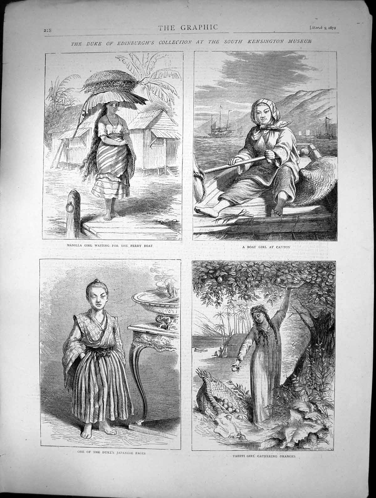 Old 1872 Mainlla Girl Ferry Boat Canton Japanese Tahiti Gathering Ora Victorian