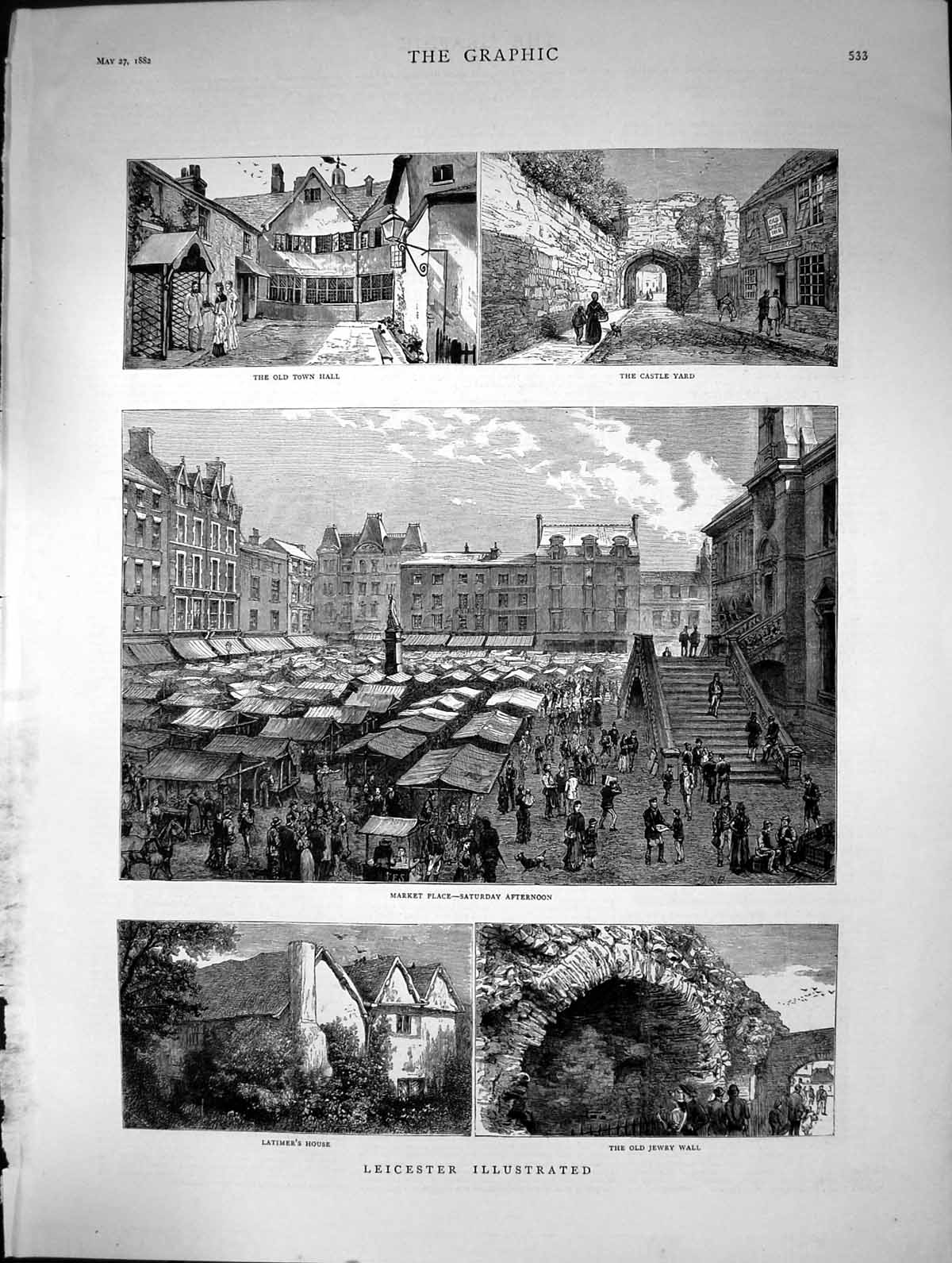 Old 1882 Leicester Market Place Castle Yard Latimer House Jewry Wall Victorian