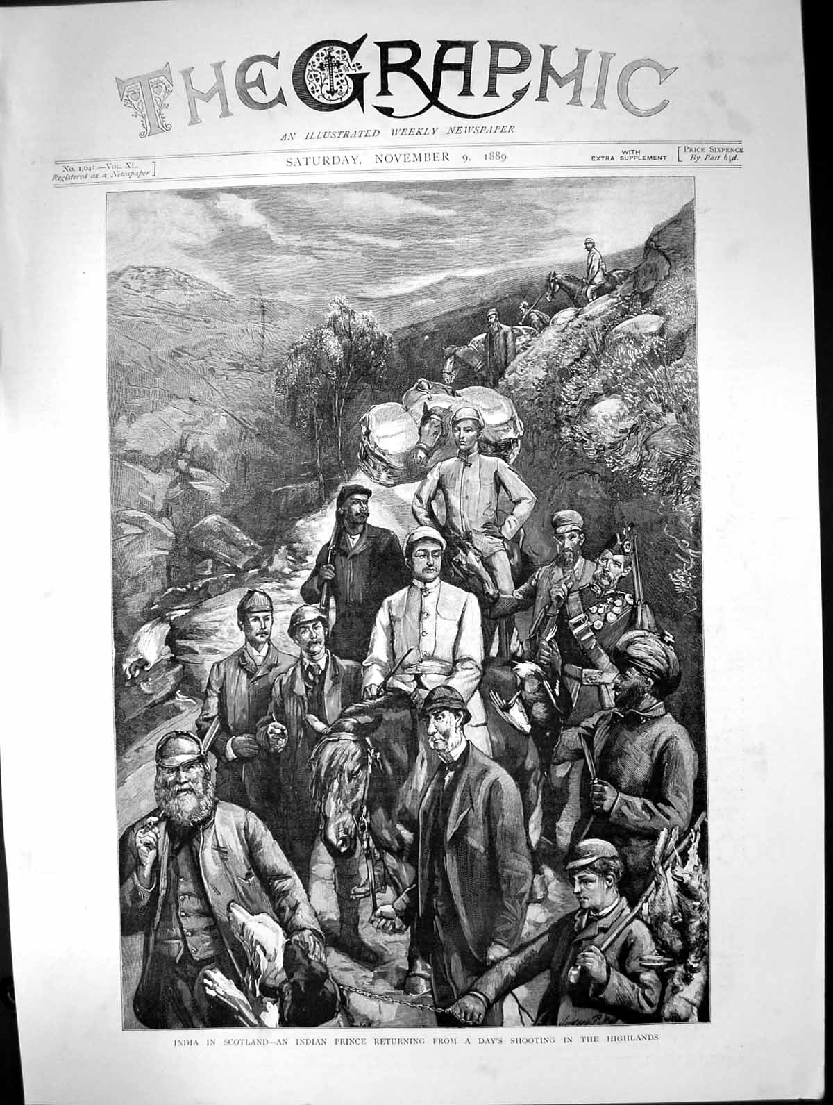 Old Antique Print 1889 Indian Prince Hunting Shooting Highlands Scotland 19th