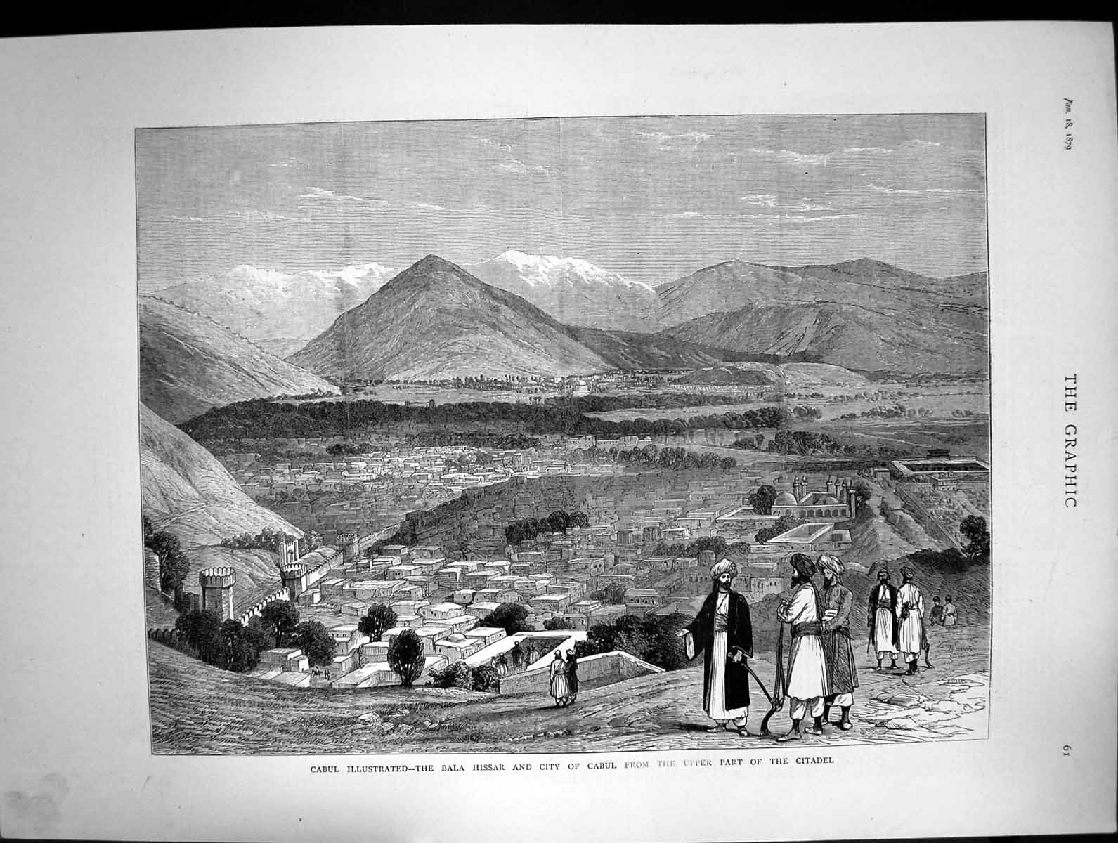 Antique Print 1879 View Mountains City Cabul Bala Hissar Upper Part Citadel