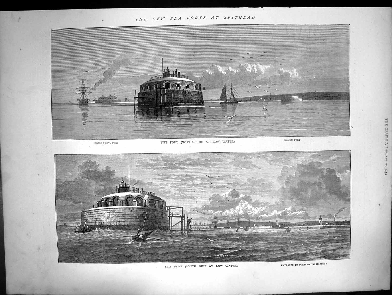 Antique Print 1872 Spit Fort Spithead Horse Shoal Norman Portsmouth Harbour