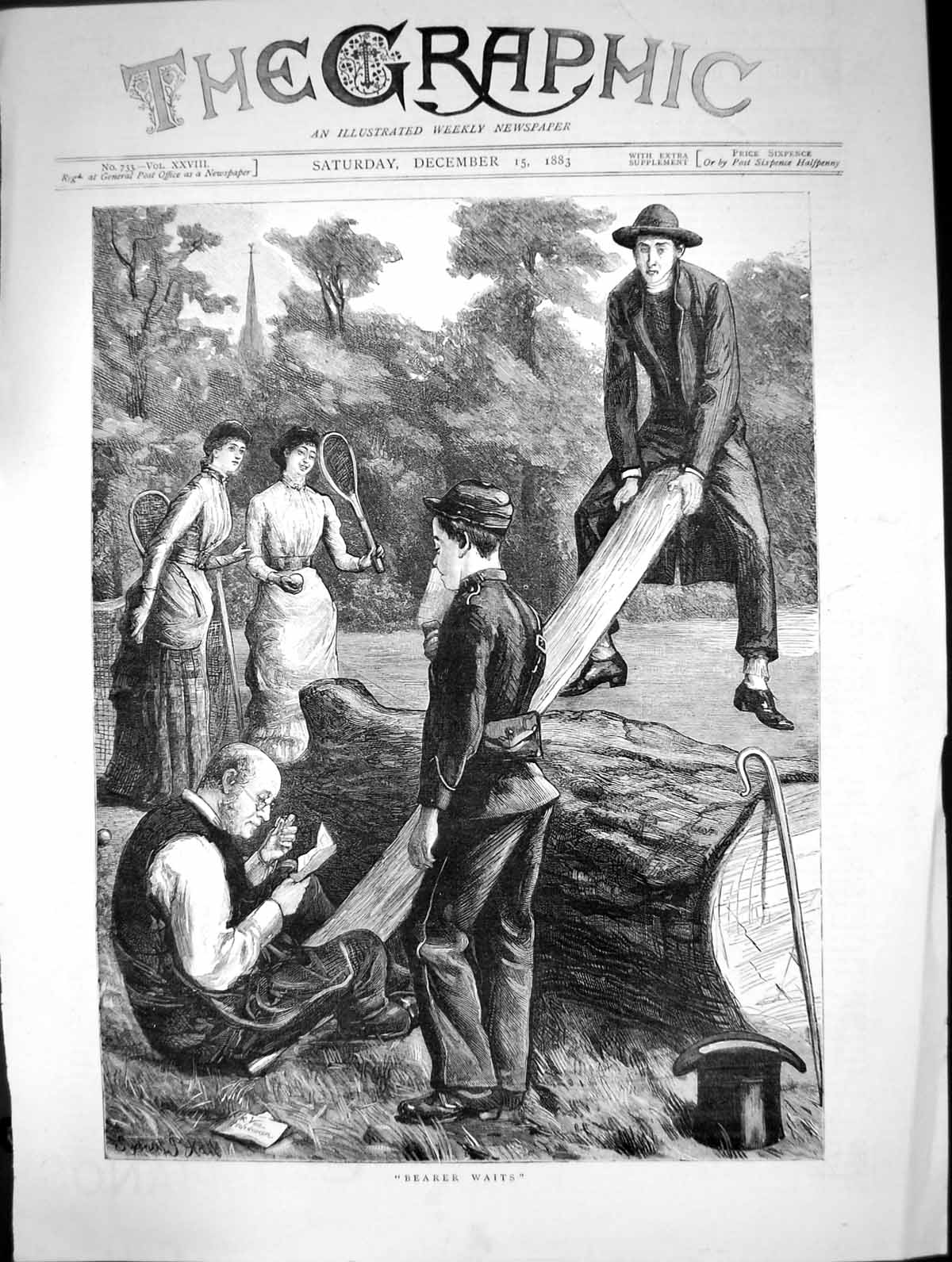 Old Print 1883 Park Scene Bearer Waits Ladies Tennis Men See-Saw Fine Art 19th