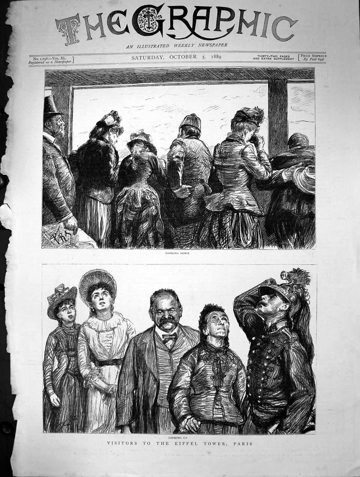 Original Old Antique Print 1889 Tourists Visitors Eiffel Tower Paris France