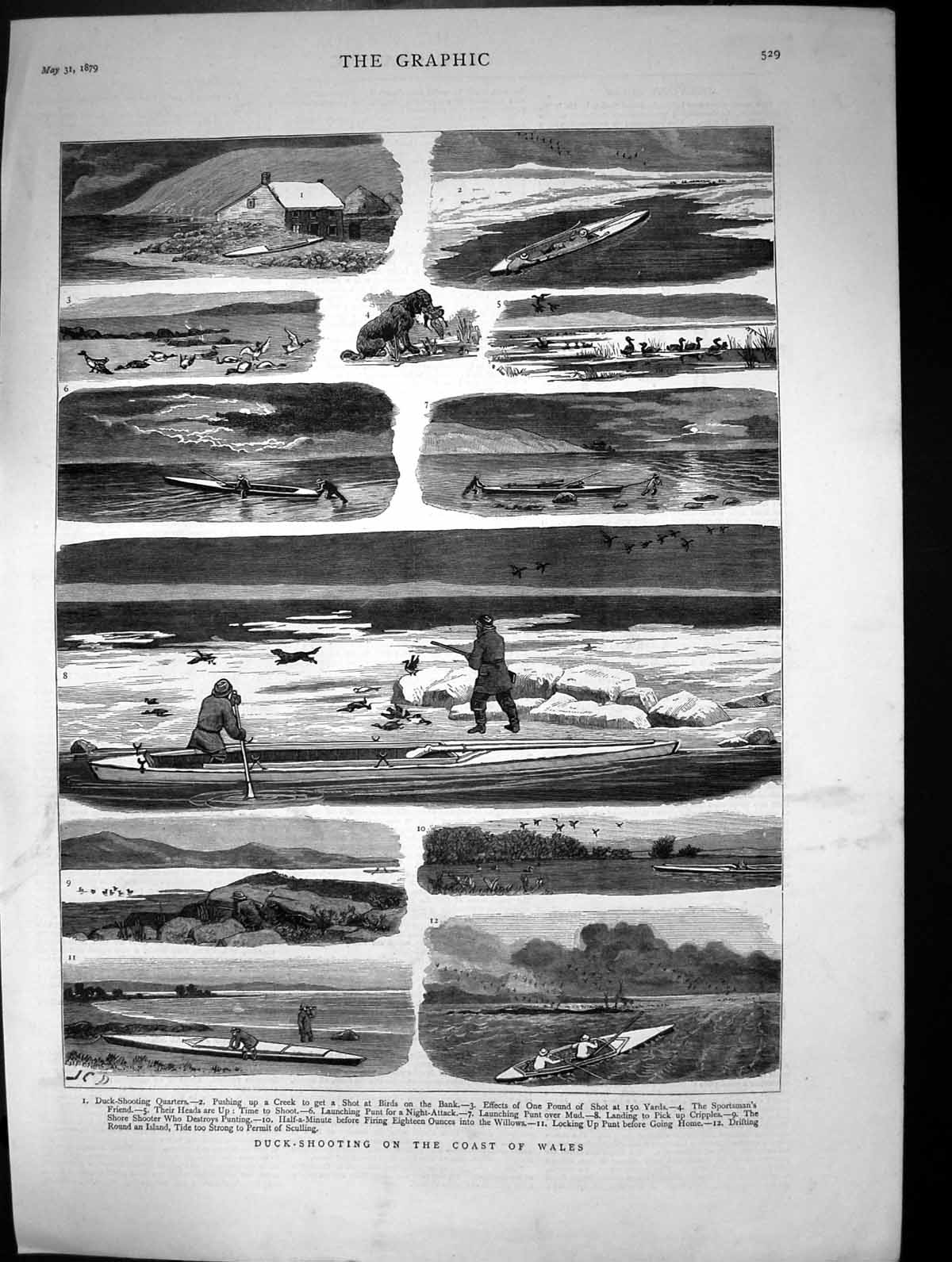 Original Old Antique Print 1879 Duck Shooting Wales Punt Boat Sport Victorian