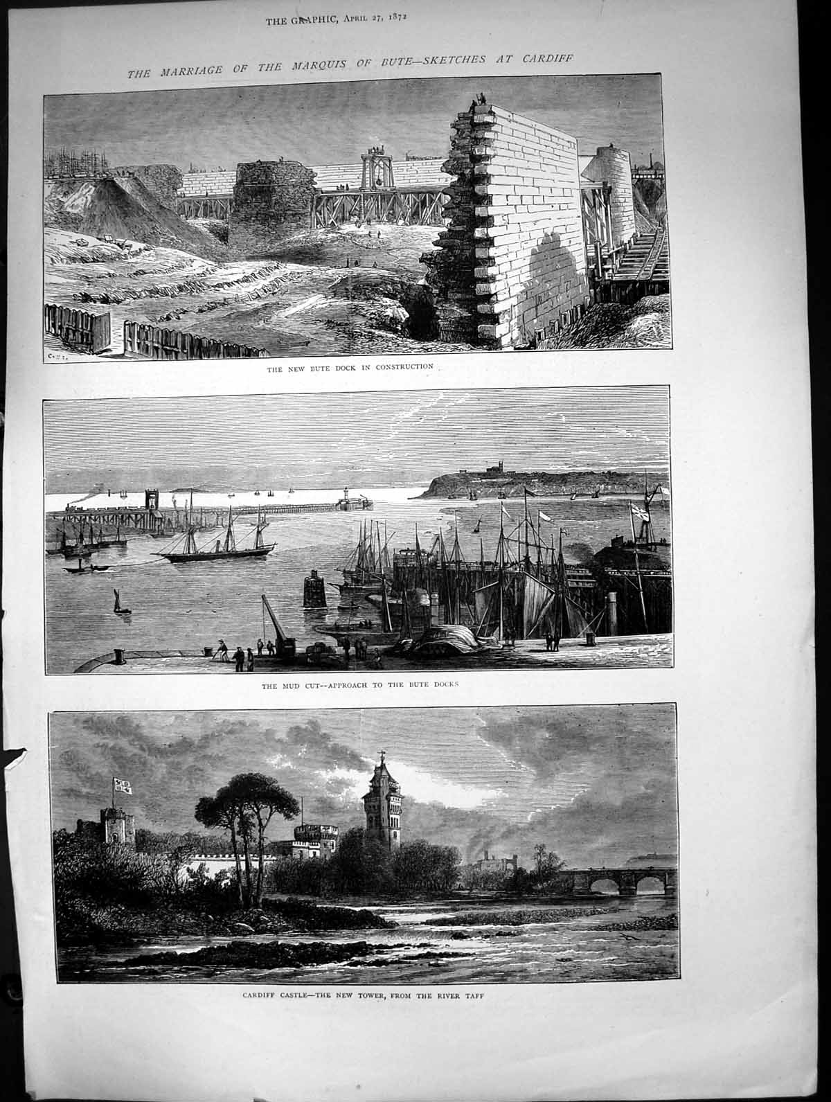 Old Antique Print 1872 Cardiff Castle Bute Docks Ships Marriage Marquis 19th