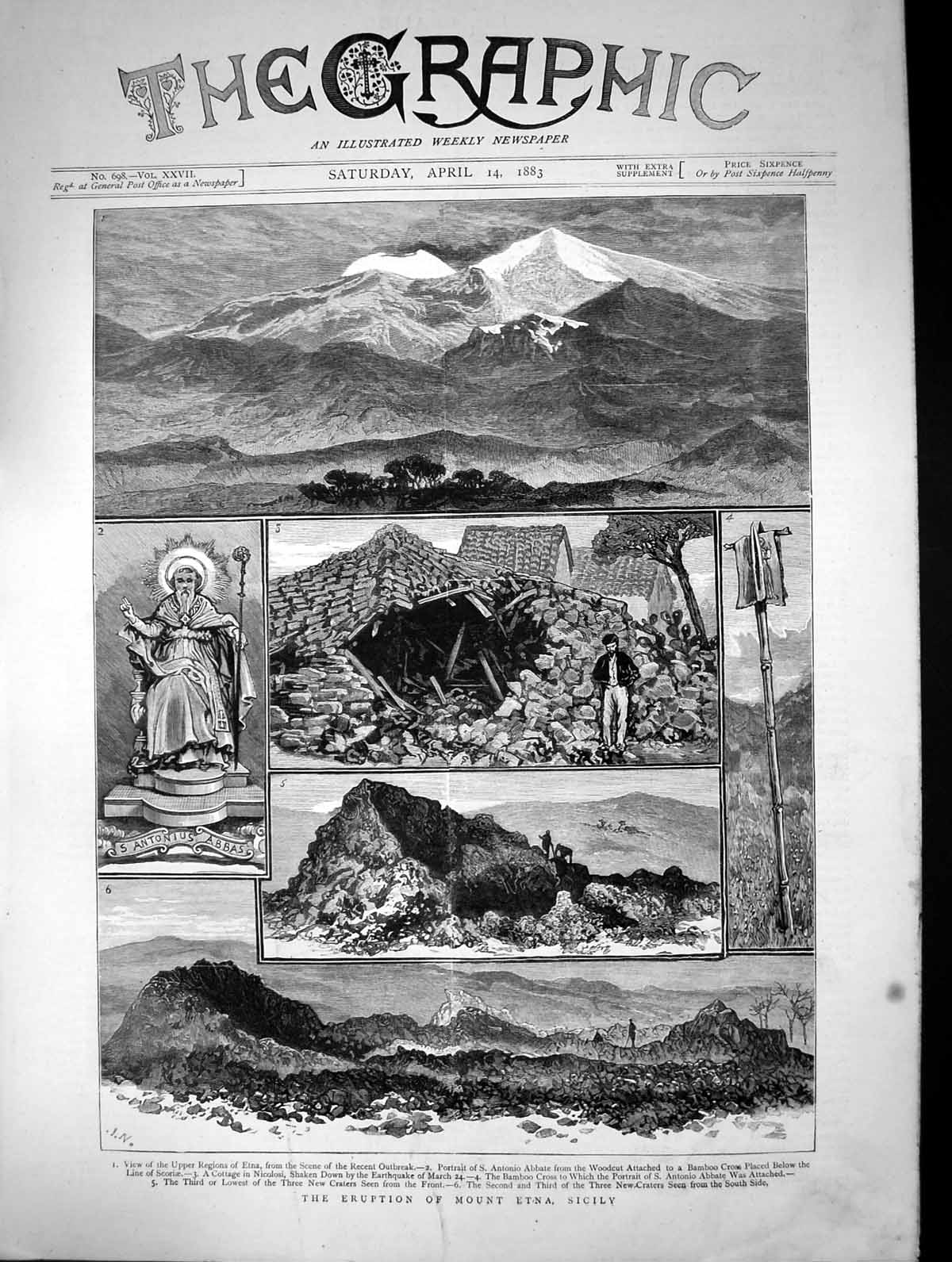 Old Print 1883 Eruption Mount Etna Sicily Mountain Volcano Antonio Abbate 19th