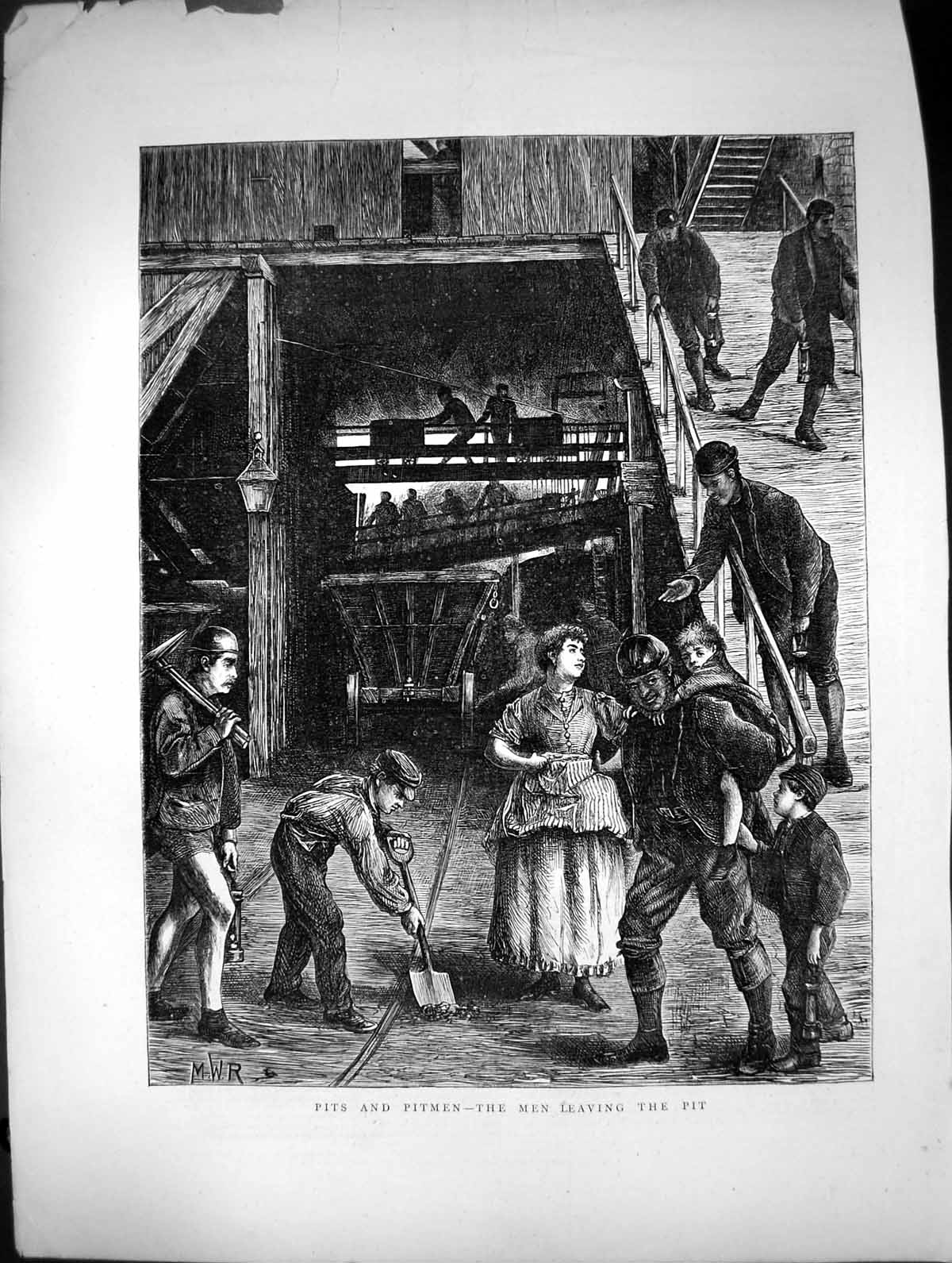 Old Antique Print 1871 Pits Pitmen Mining Scene Men Leaving Pit Tram Rail 19th