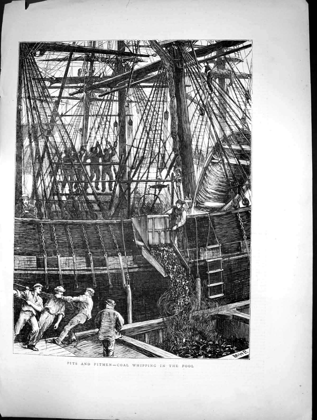 Original Old Antique Print 1871 Pits Pitmen Coal Mining Whipping Pool Ship 19th