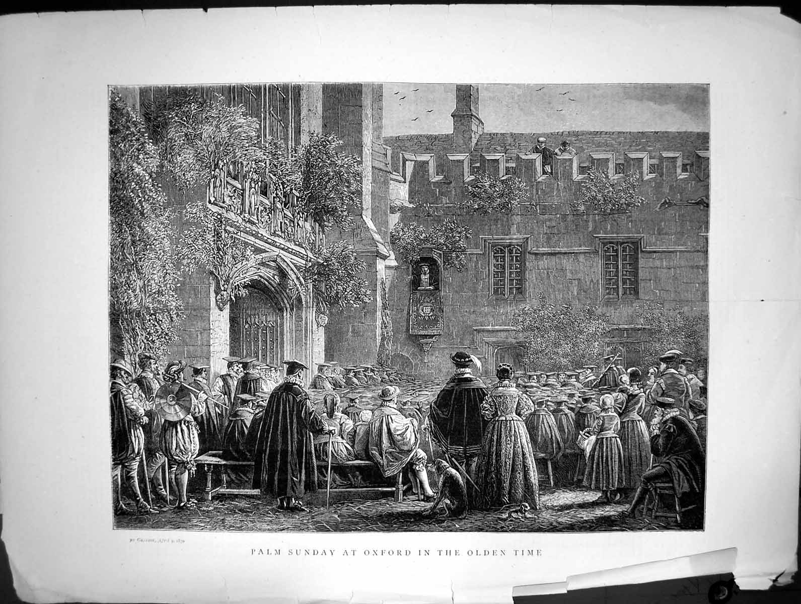 Original Old Antique Print 1870 Palm Sunday Oxford en Time 19th