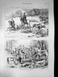 Original Old Antique Print 1876 Hunting Field Horses Hounds Dogs Sport Huntsmen