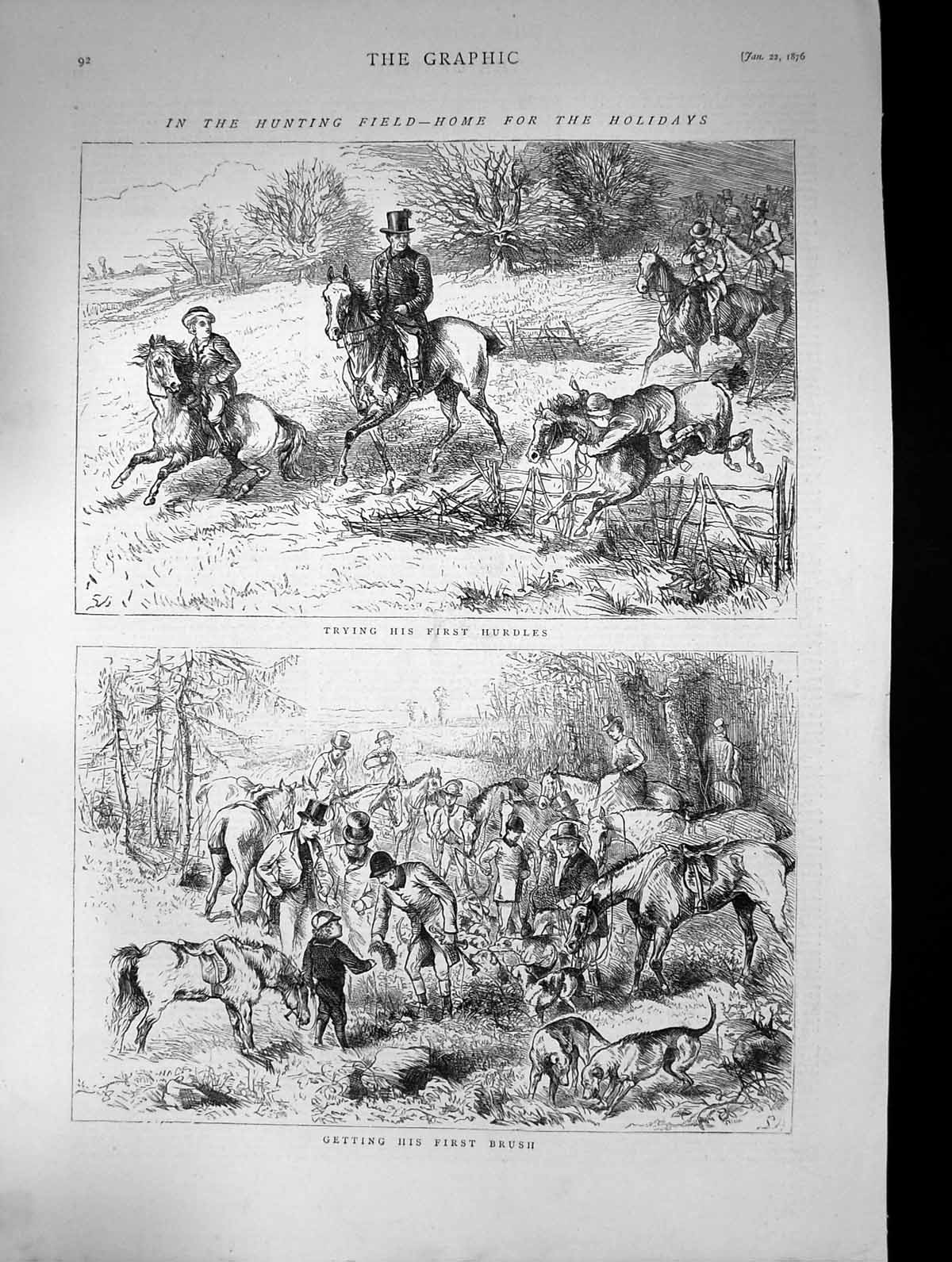 Original Old Antique Print 1876 Hunting Field Horses Hounds Dogs Sport Huntsmen