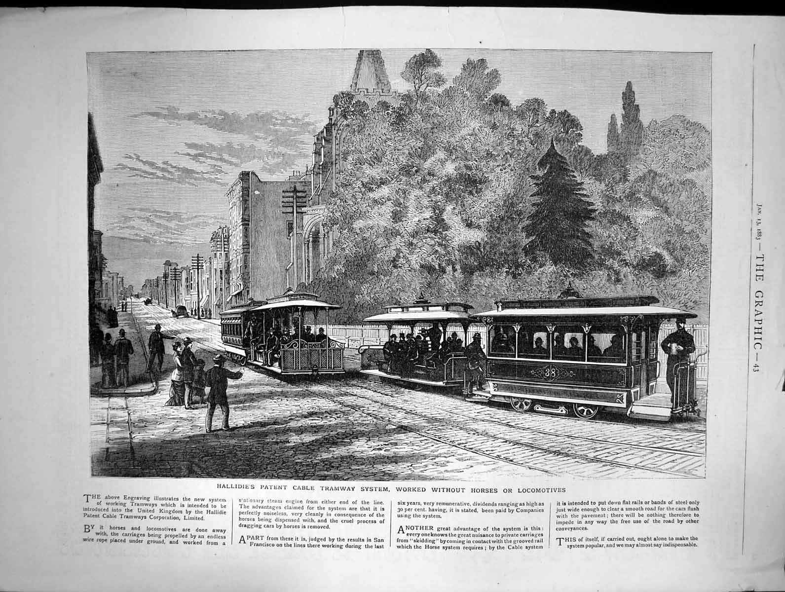 Antique Print 1883 Hallidies Patent Cable Tramway System Railway Transport 19th