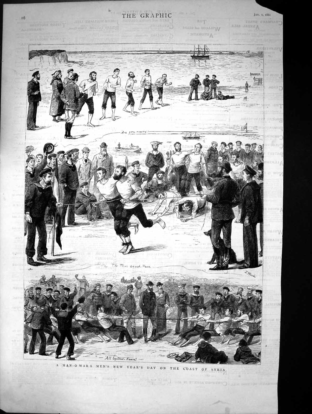 Original Old Antique Print 1881 Man-O-War Ship Men New Year Celebration Syria