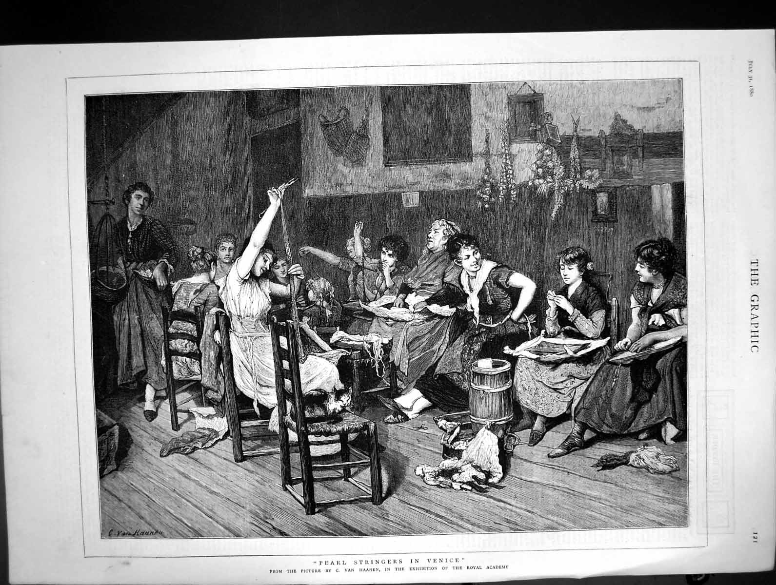 Old Antique Print 1880 Pearl Stringers Venice Italy Women Workers Haanen 19th