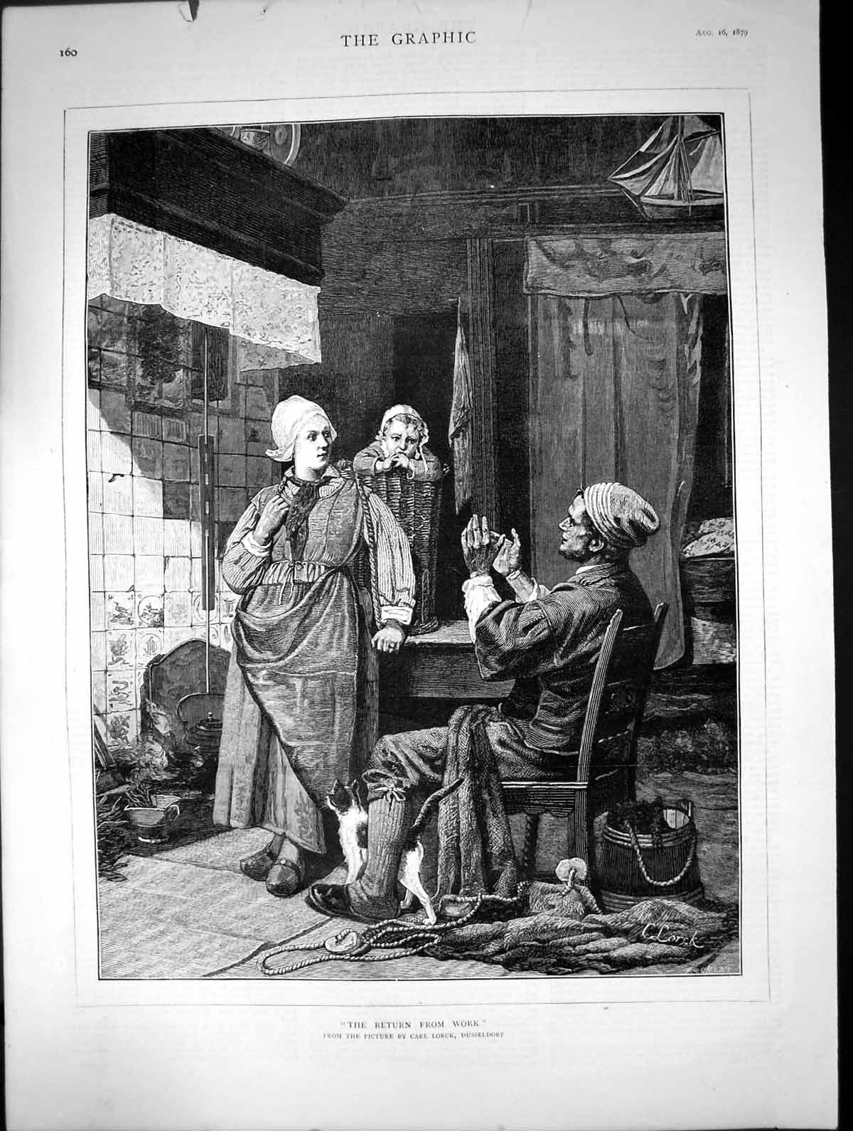 Old Print 1879 Lady Young Child Basket Return Work Family Home Carl Lorck 19th