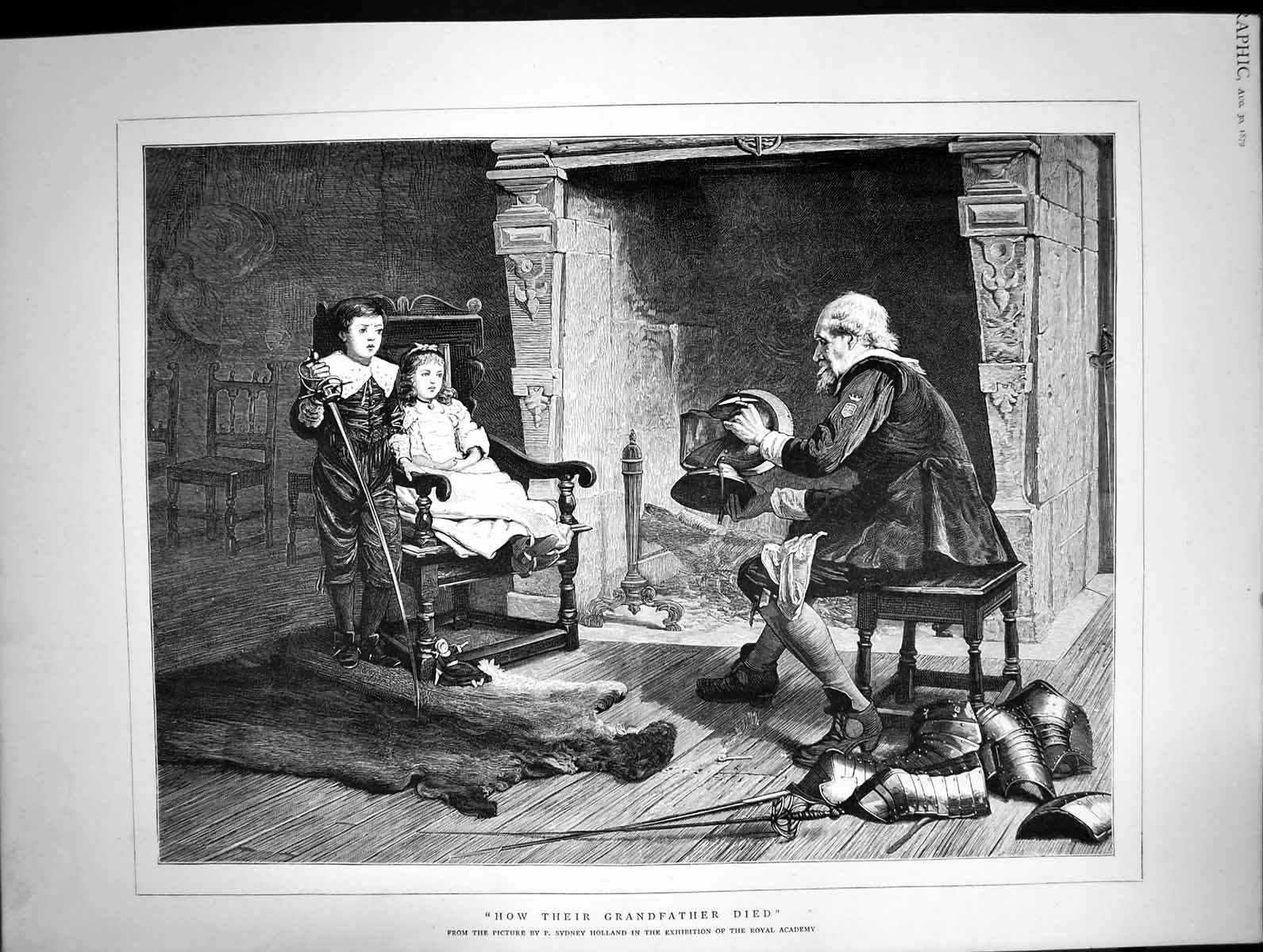 Old 1879 Young Children Man Sitting Chair Fireplace How Their Grandfa Victorian