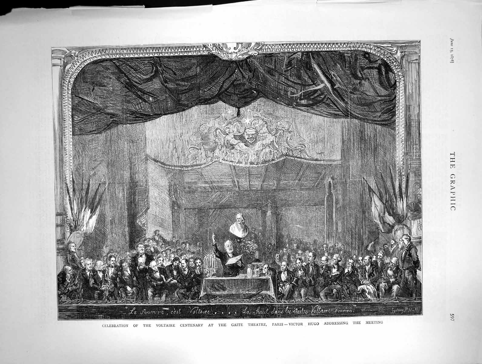 Old 1878 Celebration Voltaire Gaite Theatre Paris Victor Hugo Meeting Victorian