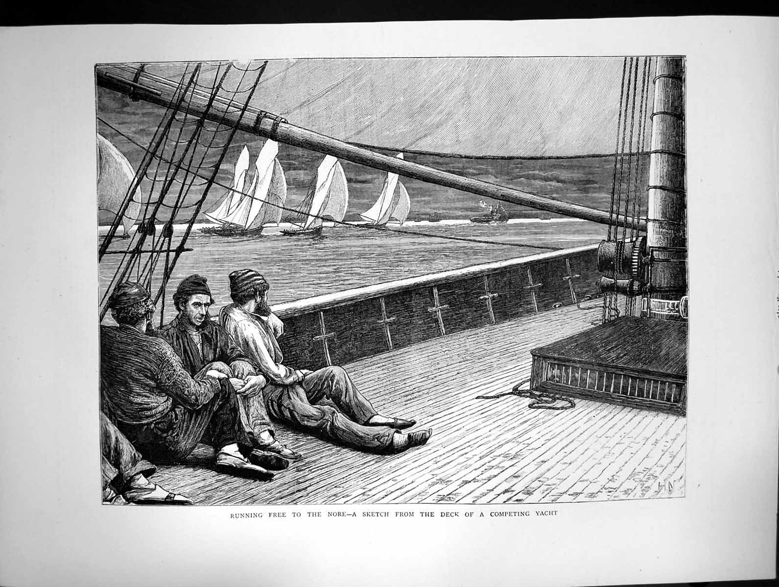 Original Old Antique Print 1872 Scene Deck Competing Yacht Sailing Nore Sport