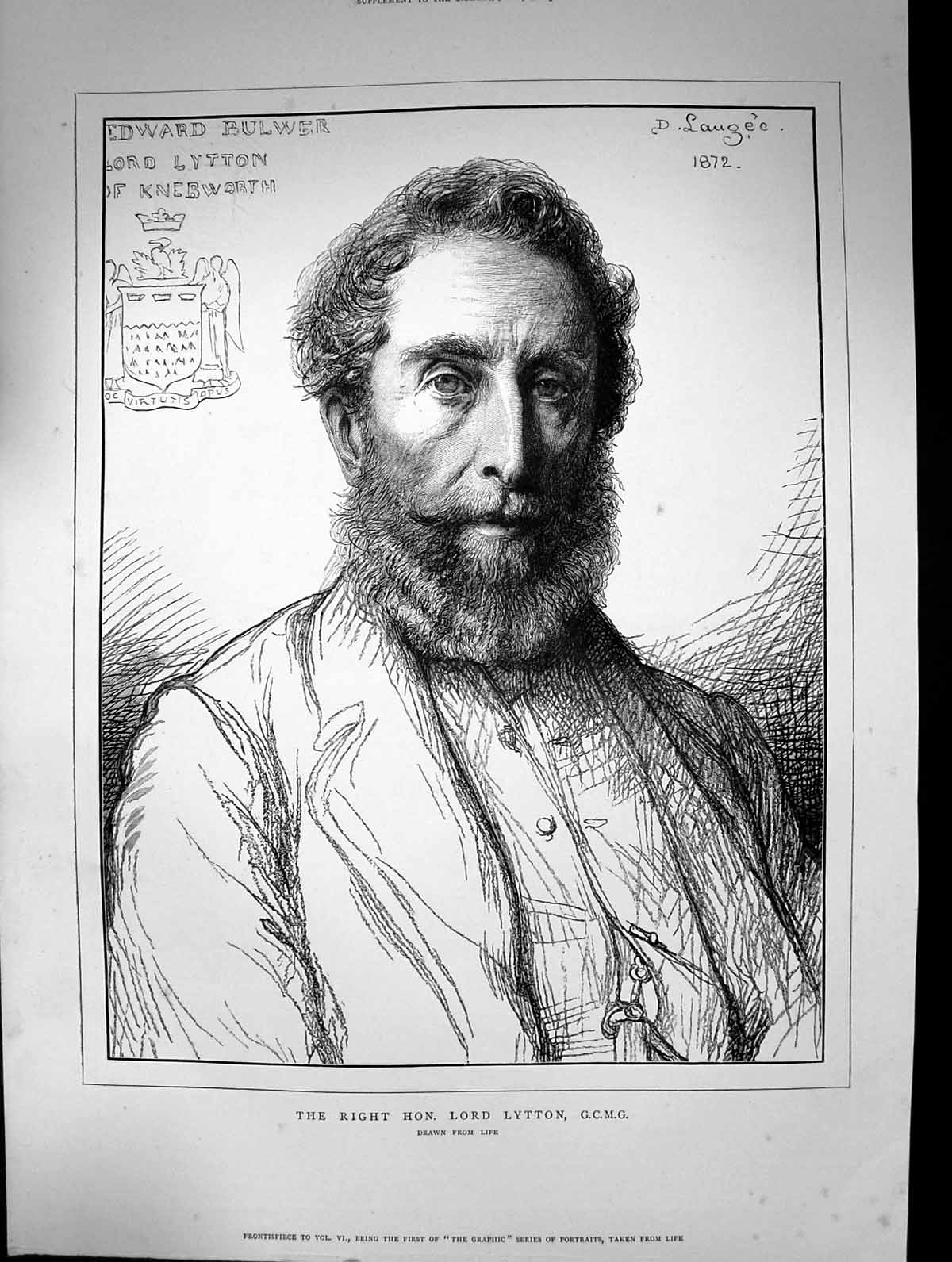 Original Old Antique Print 1873 Portrait Right Hon. Lord Lytton 19th